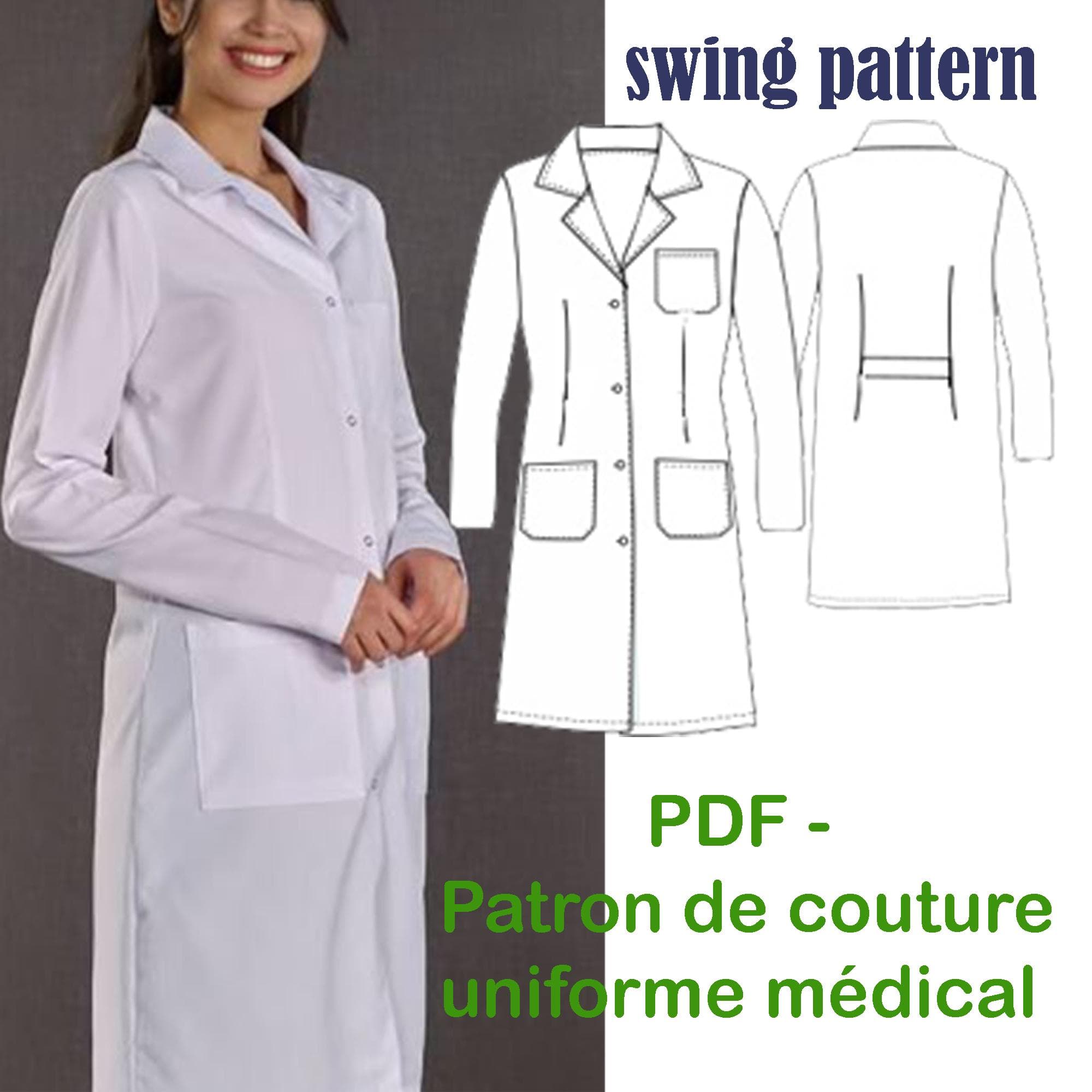 PDF-Patron de couture /Blouse de laboratoire médicale blanche alpaga à manches longues pour femme, uniforme médical taille XS-----XXL