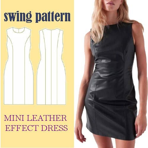 Women mini leather effect dress  pdf swing pattern  easy busy dress  Sizes:xs-s-m-l-xl