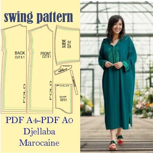 PDF swing pattern-Djellabas Marocaines  oversize - printing at home ,Élégance Traditionnelle/  Download 3 Sizes (XS-S/M-L/xl-xxl)(pdf-A4/A0)