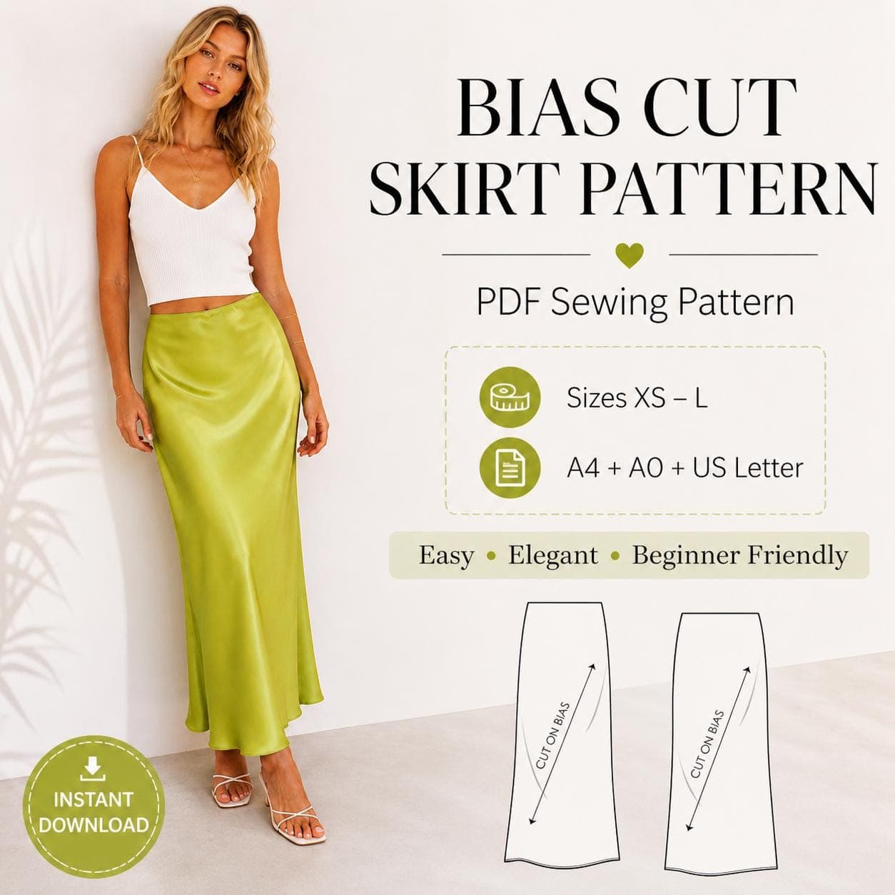 Isla Bias Cut Midi Skirt PDF Pattern – Elegant Satin Slip Skirt Sewing Pattern XS–L – Instant Download A4 & A0