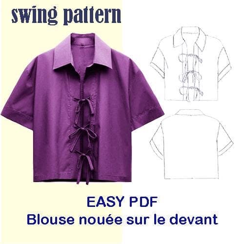 Chemisier court uni à manches coudées et col,Blouse nouée sur le devant| Patron de couture numérique| Téléchargement instantané| XS-XL| pdf