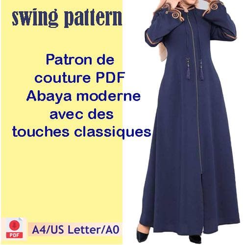 Digital Abaya Sewing Pattern PDF Elegant Zipper Front Abaya with Embroidery Details | Modest  DIY Dress | Printable A4 Pattern M to 3XL