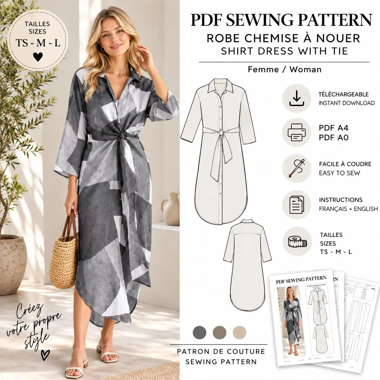 Patron Robe Chemise à Nouer PDF | Sewing Pattern Femme | PDF A4 & A0 | Tailles TS à L | Téléchargement Instantané