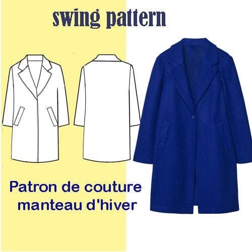 Patron de couture de manteau  midi d'hiver pour femme,Manteau en maille  avec col à revers tailles S-M-L, Télécharger formats pdf A0, A4,