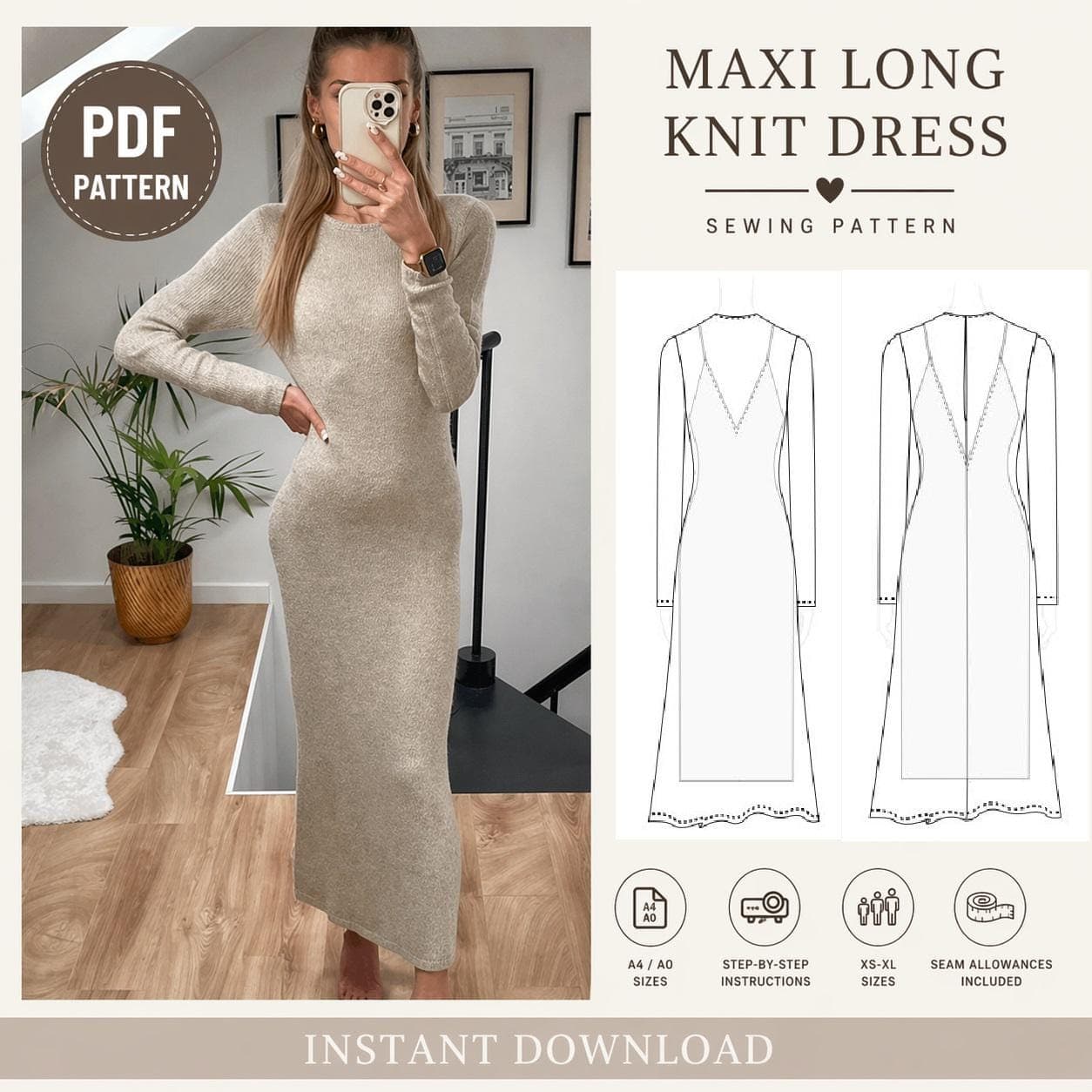 Maxi Long Knit Dress  with inner lining Sewing Pattern PDF | Long Sleeve Bodycon Dress Pattern XS-XL | A4- A0 Instant Download