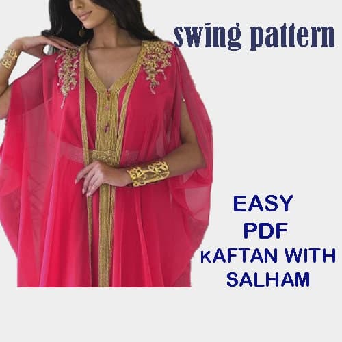 PDF swing pattern Kftan&salham - Muslim dress,caftan clothing for women, 6 Printable Sizes S--XXXL-pdf A4-pdf A0