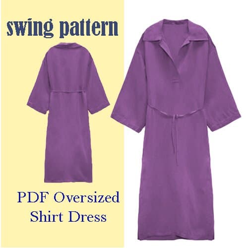 Kaftan Dress pdf Sewing Pattern Long Sleeve Oversized Dress Loose Fit Buttoned Dress Basic  Beach Wear Outfit Summer Gown/XS-XXL