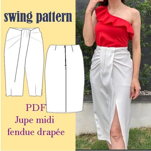 Patron de couture PDF Jupe taille haute tendance fendue pour femme/Jupe midi drapée sur le devant/5 Tailles /XS-S-M-L-XL/Type Jupes Femmes