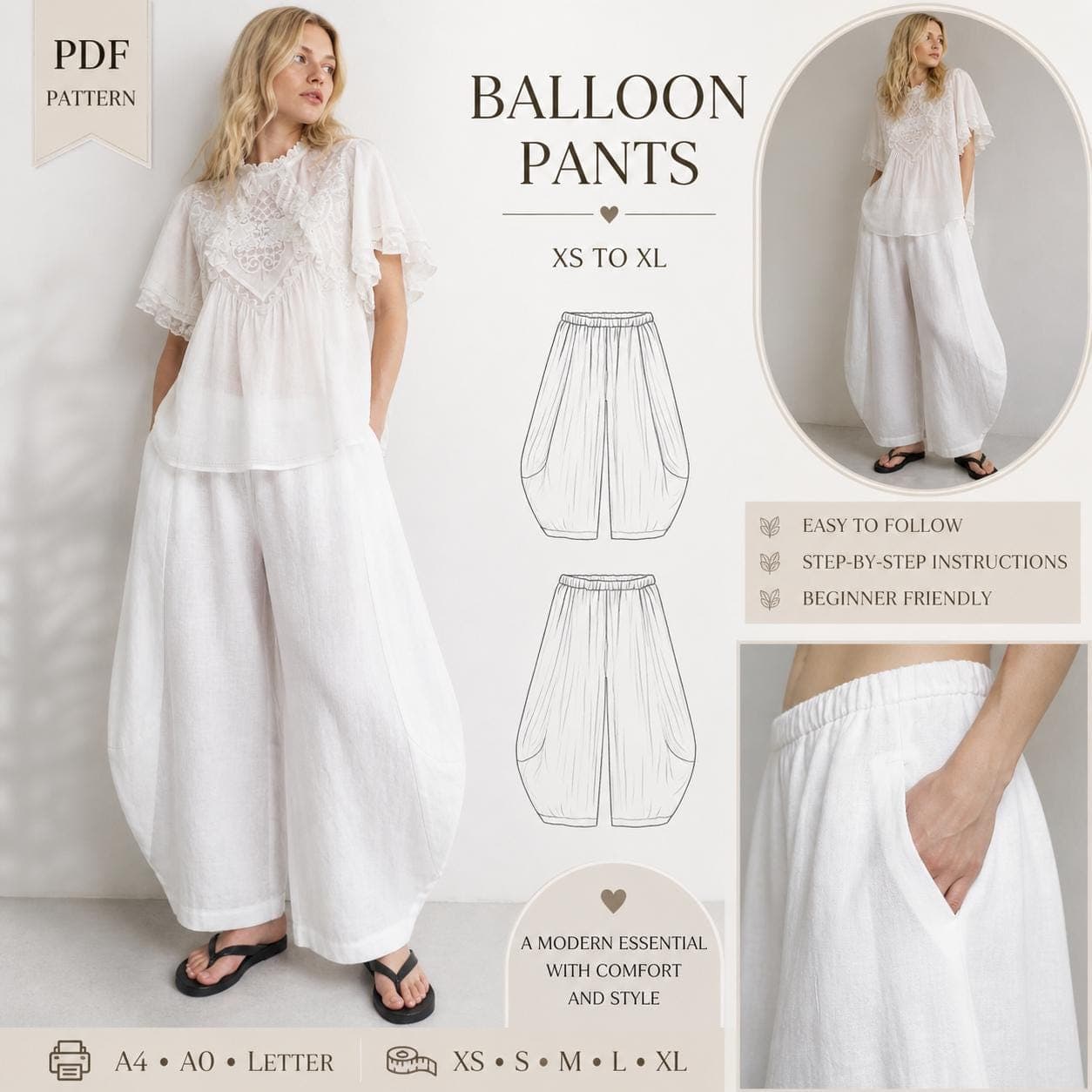 Lina Balloon Pants Sewing Pattern PDF XS-XL, Wide Leg Harem Pants, Elastic Waist Trousers, Easy Beginner Pattern A4 A0 Instant Download
