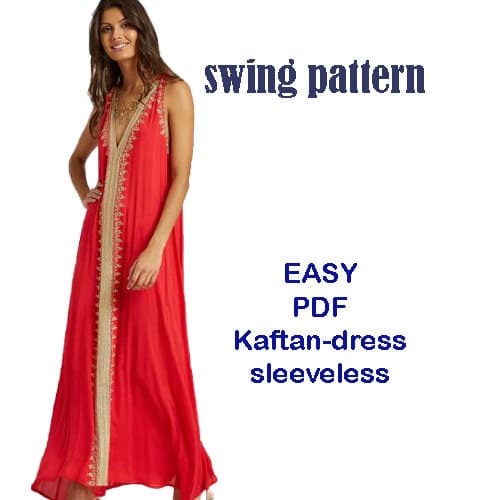 Pdf swing pattern Kaftan-dress sleeveless/Digital Sewing Pattern, US Sizes XS--XL /airy with a V-line neckline  shoulders/Easy woman boss