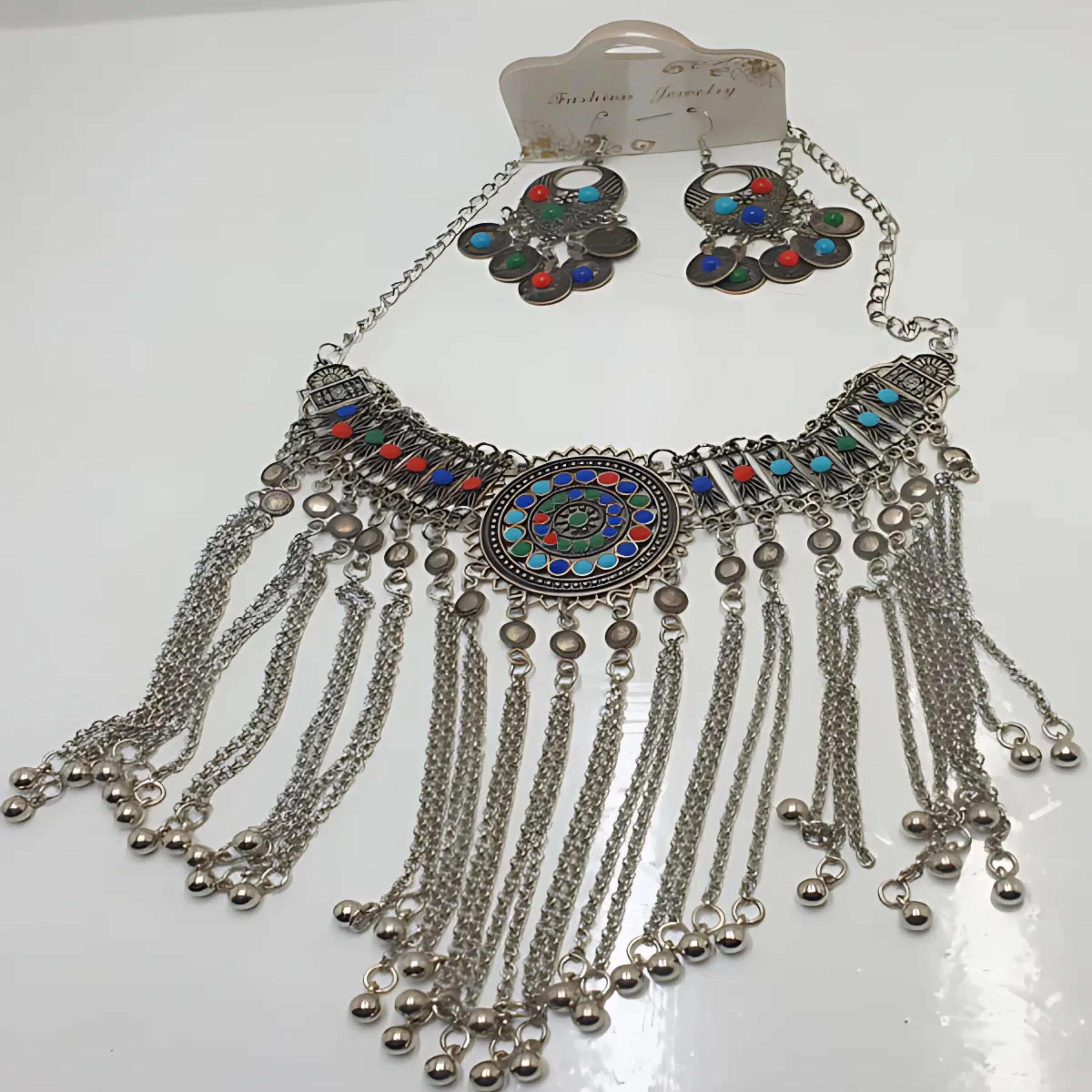 Traditional Multi-Colored Silver Necklace – Elegant Boho Statement Jewelry |  Antique Jewelry