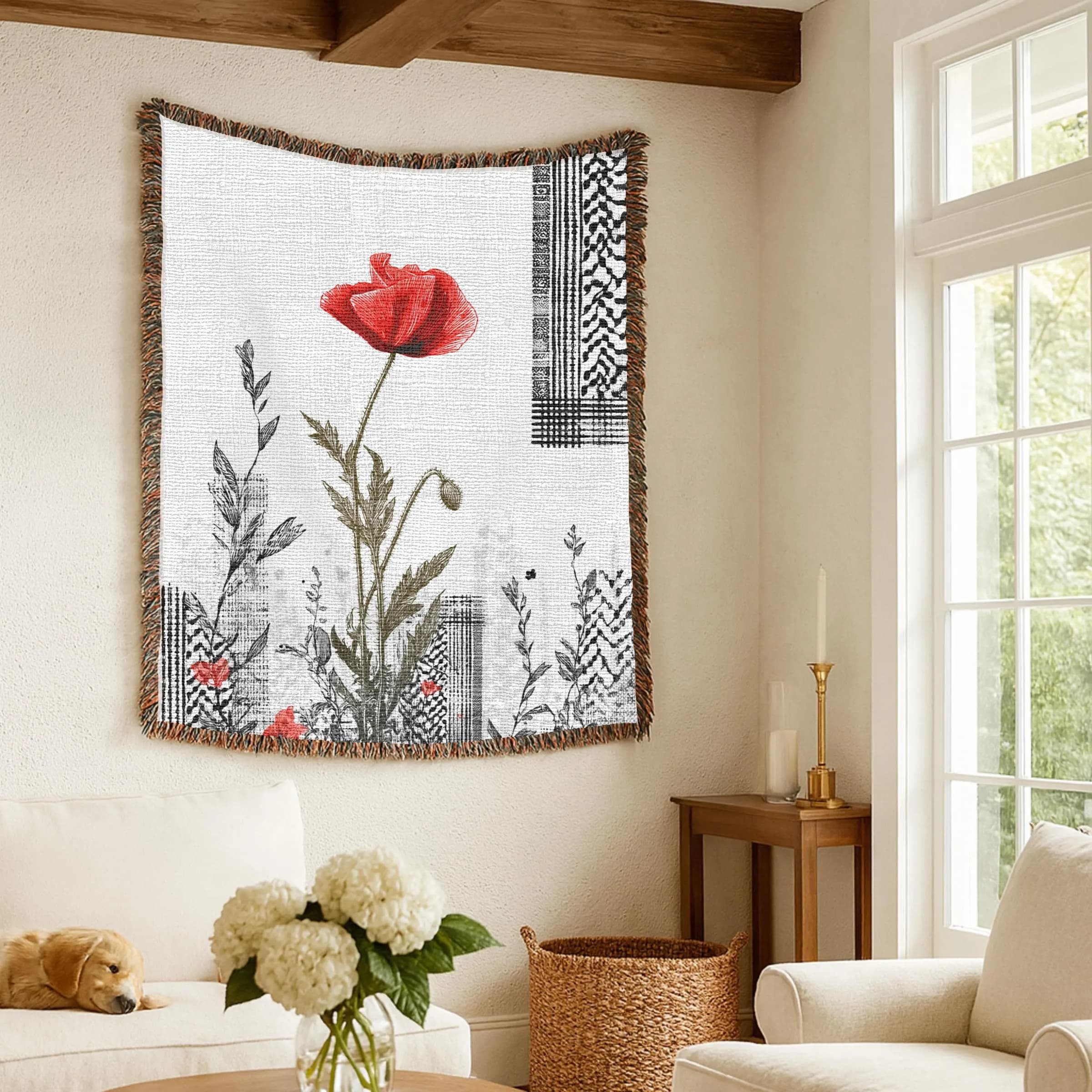 Palestine Blanket - Keffiyeh Throw Blanket, Cozy Couch Blanket, Palestinian Kufiya Blanket, Palestine Poppies Blanket, Palestine Home Decor - image 4
