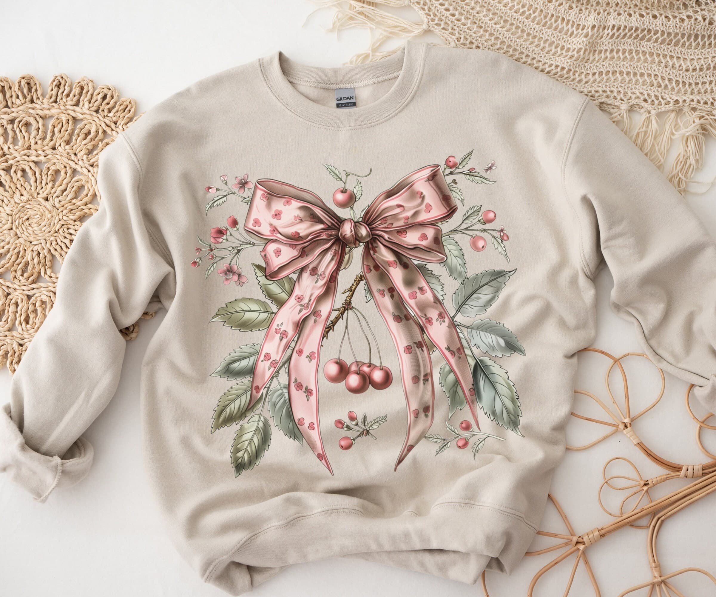 Coquette Cherry and Bow Sweatshirt, Coquette Aesthetic Sweatshirt, Ribbon Crewneck, Cottage Core Sweatshirt, Coquette Clothing, Trendy Crew - image 3