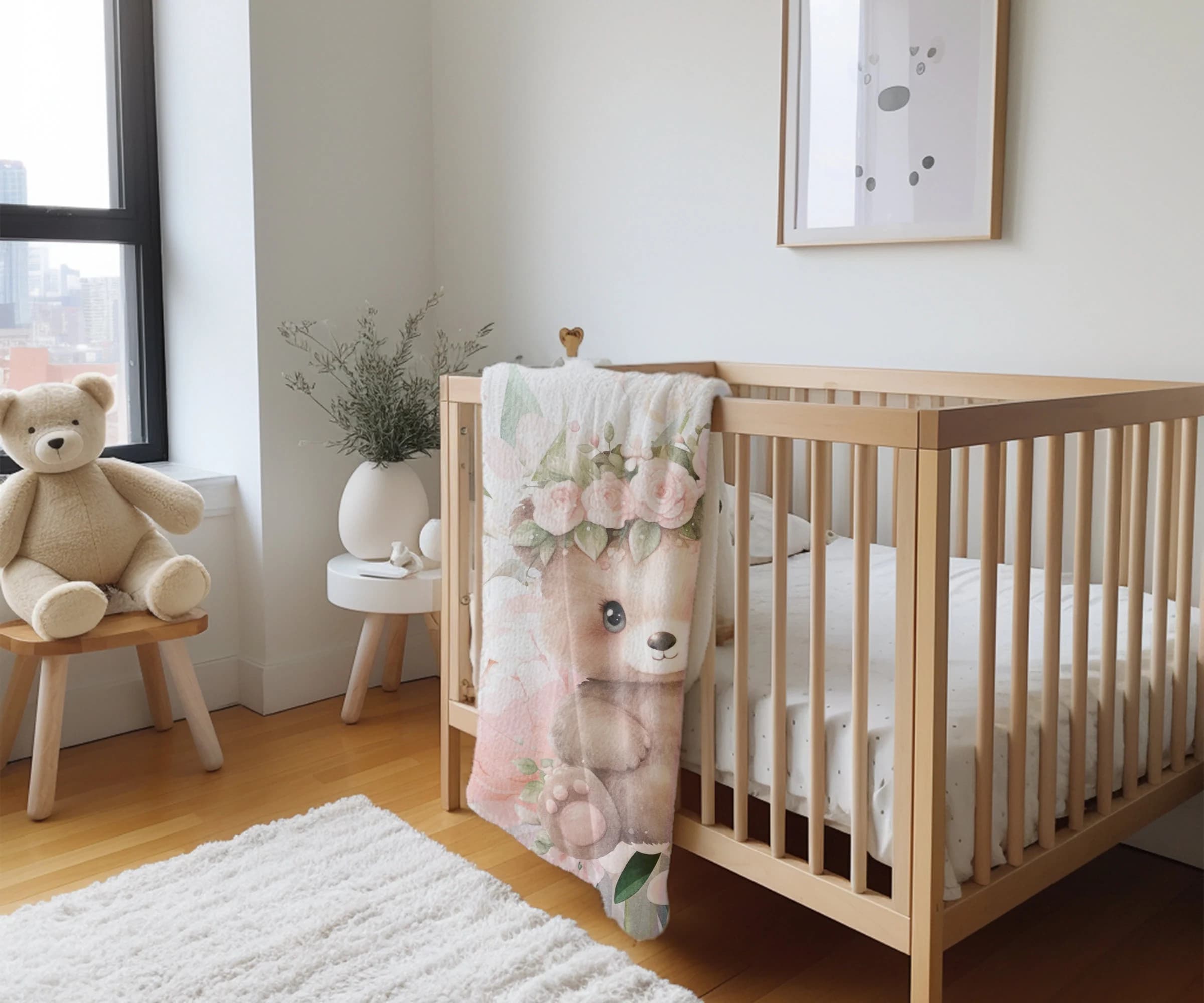 woodland Animal Baby Blanket | Baby Nursery | Baby Shower | Bear Blanket | Bear Nursery | Baby Girl | Newborn Gift, Bear Cub, Forest Animals - image 4