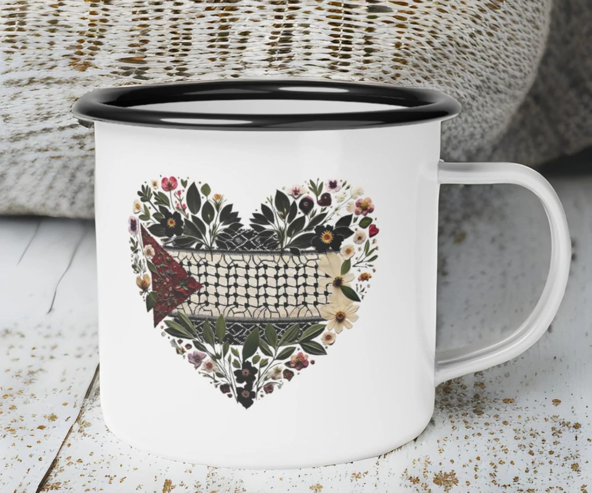 Palestine Coffee Mug | Pressed Flowers Tea Mug | Free Palestine Ceramic Mug | Palestine Gift Ideas | Palestinian Flag Cup | Enamel Camp Cup