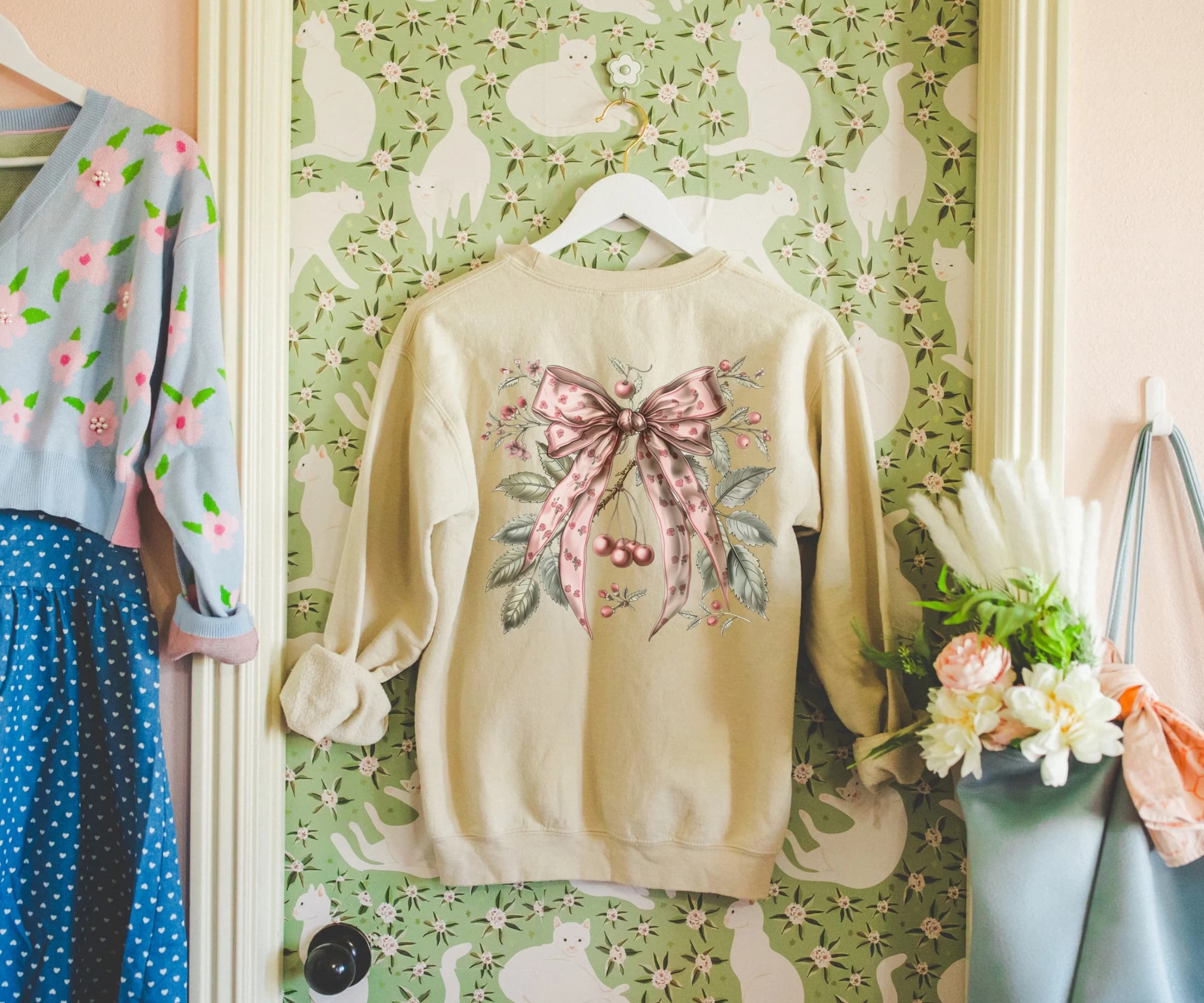 Coquette Cherry and Bow Sweatshirt, Coquette Aesthetic Sweatshirt, Ribbon Crewneck, Cottage Core Sweatshirt, Coquette Clothing, Trendy Crew - image 5