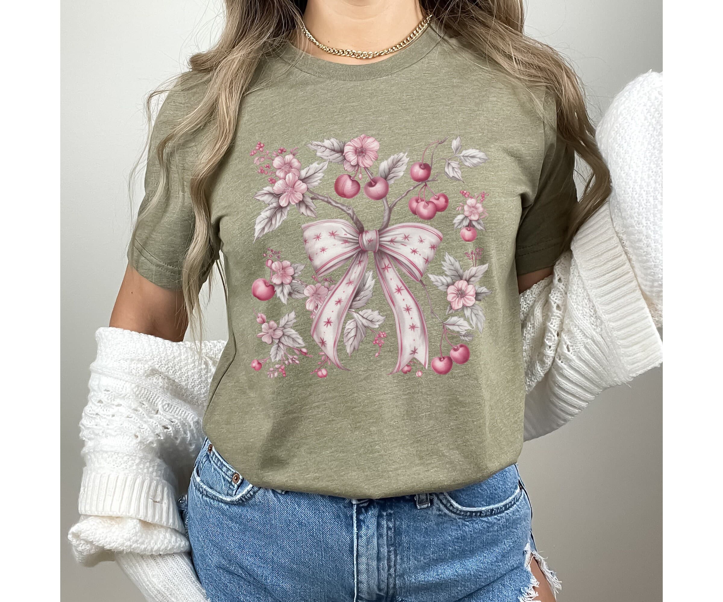 Coquette Bow & Cherry T-shirt, Cottagecore Ribbon Crewneck - image 4