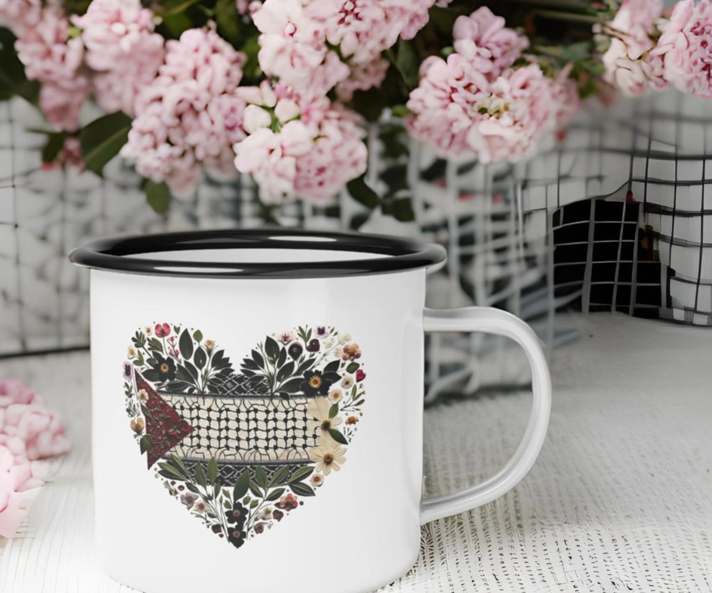 Palestine Coffee Mug | Pressed Flowers Tea Mug | Free Palestine Ceramic Mug | Palestine Gift Ideas | Palestinian Flag Cup | Enamel Camp Cup - image 4
