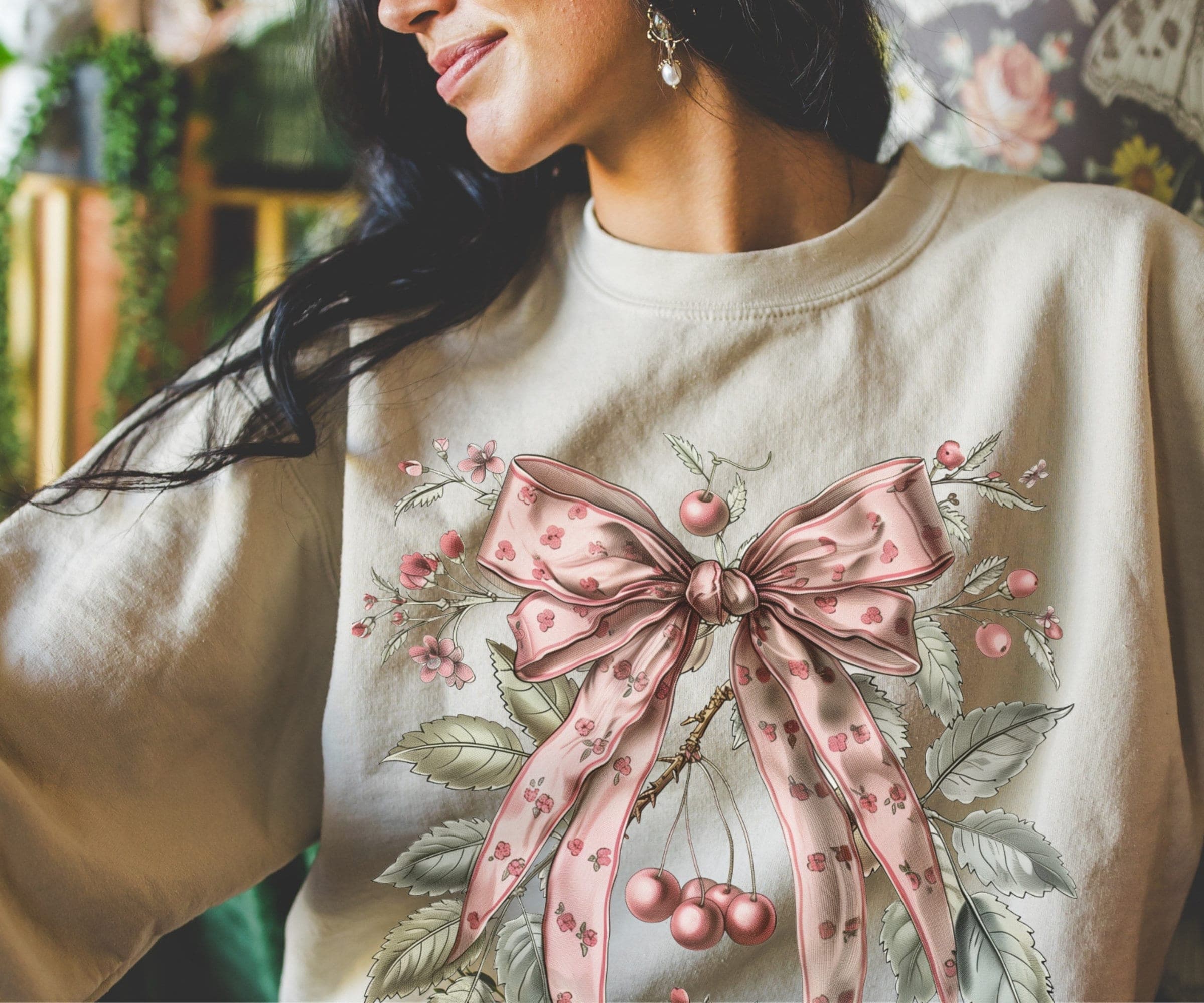 Coquette Cherry and Bow Sweatshirt, Coquette Aesthetic Sweatshirt, Ribbon Crewneck, Cottage Core Sweatshirt, Coquette Clothing, Trendy Crew - image 4