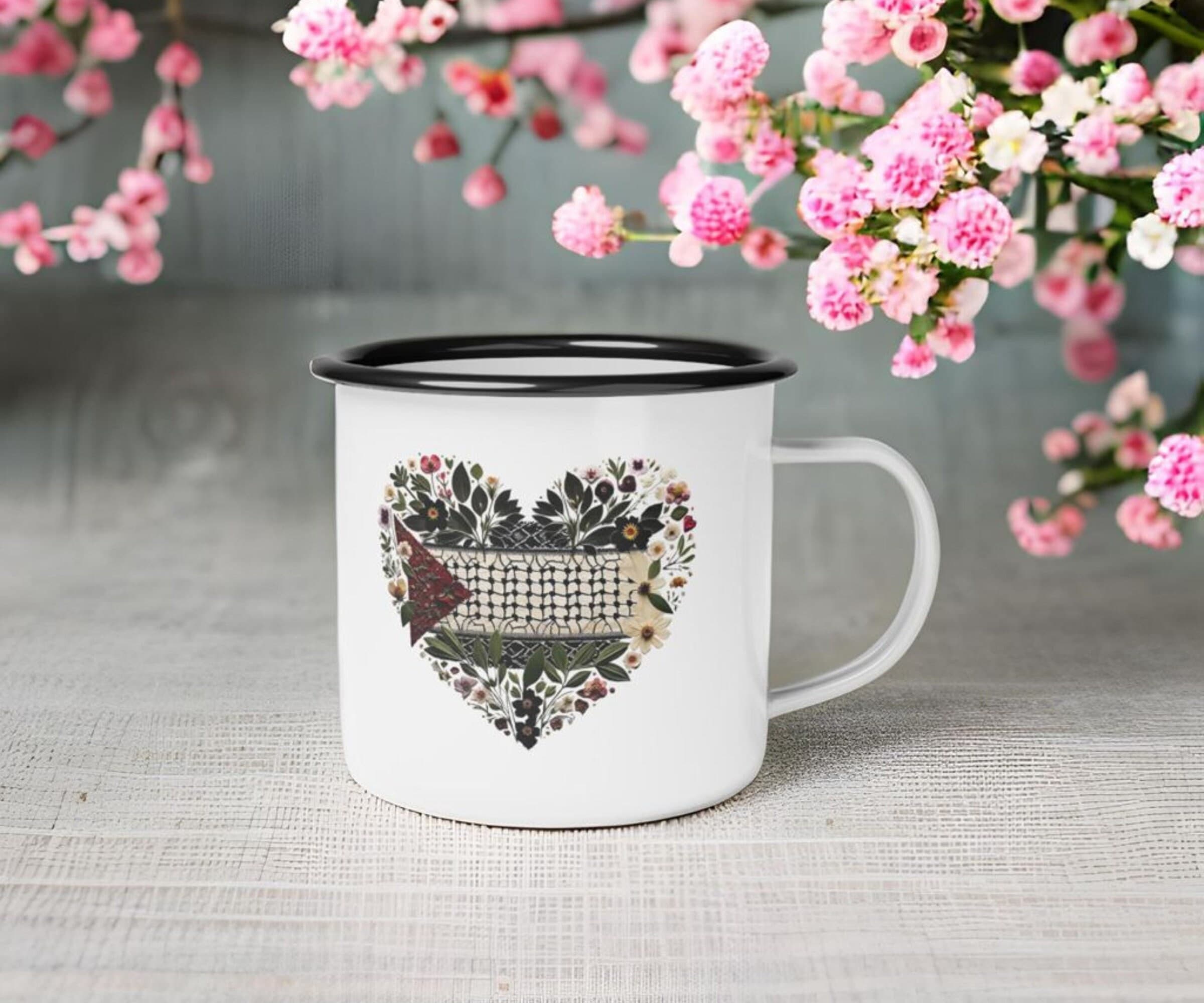 Palestine Coffee Mug | Pressed Flowers Tea Mug | Free Palestine Ceramic Mug | Palestine Gift Ideas | Palestinian Flag Cup | Enamel Camp Cup - image 5