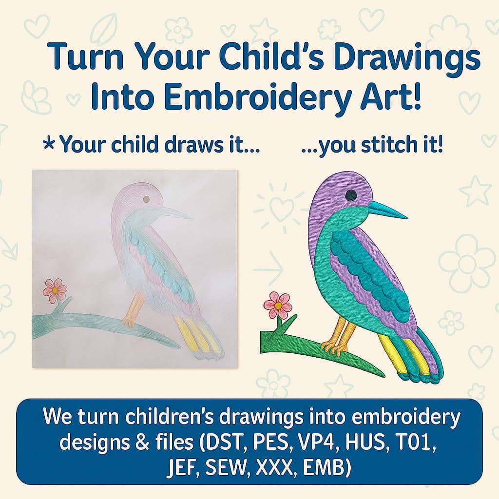 Kids Drawing To Embroidery Pattern, Custom Children's Art, Digitizing Children's Drawing, Kids Drawing To Digital Embroidery , PES, DST.