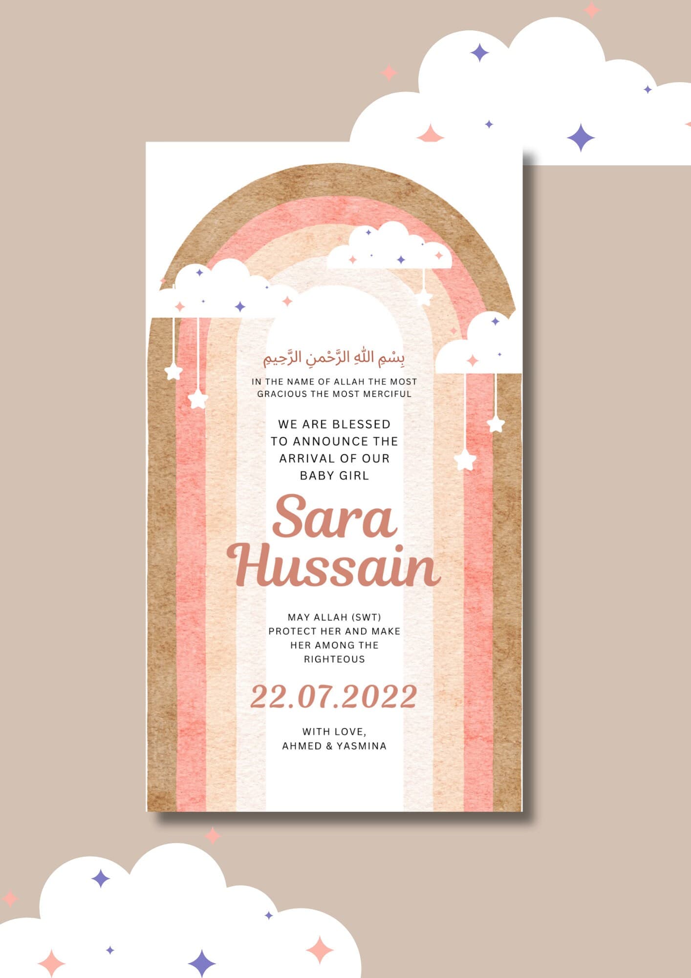 Muslim Baby Girl Birth Announcement | Pink Rainbow, Clouds (Editable Canva Template) - image 3