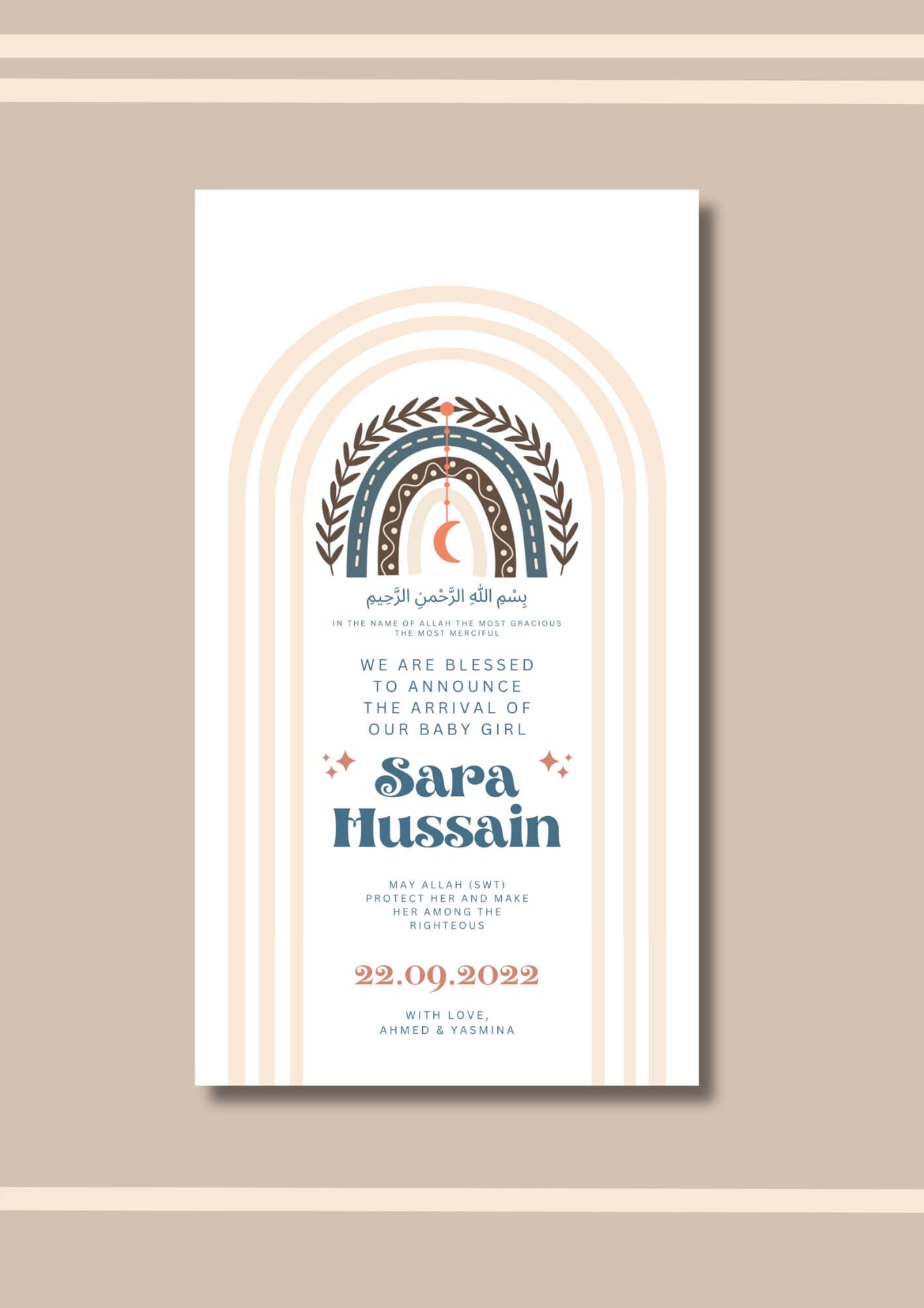 Boho Rainbow Muslim Baby Girl Birth Announcement | Editable Template (Digital Download) - image 3