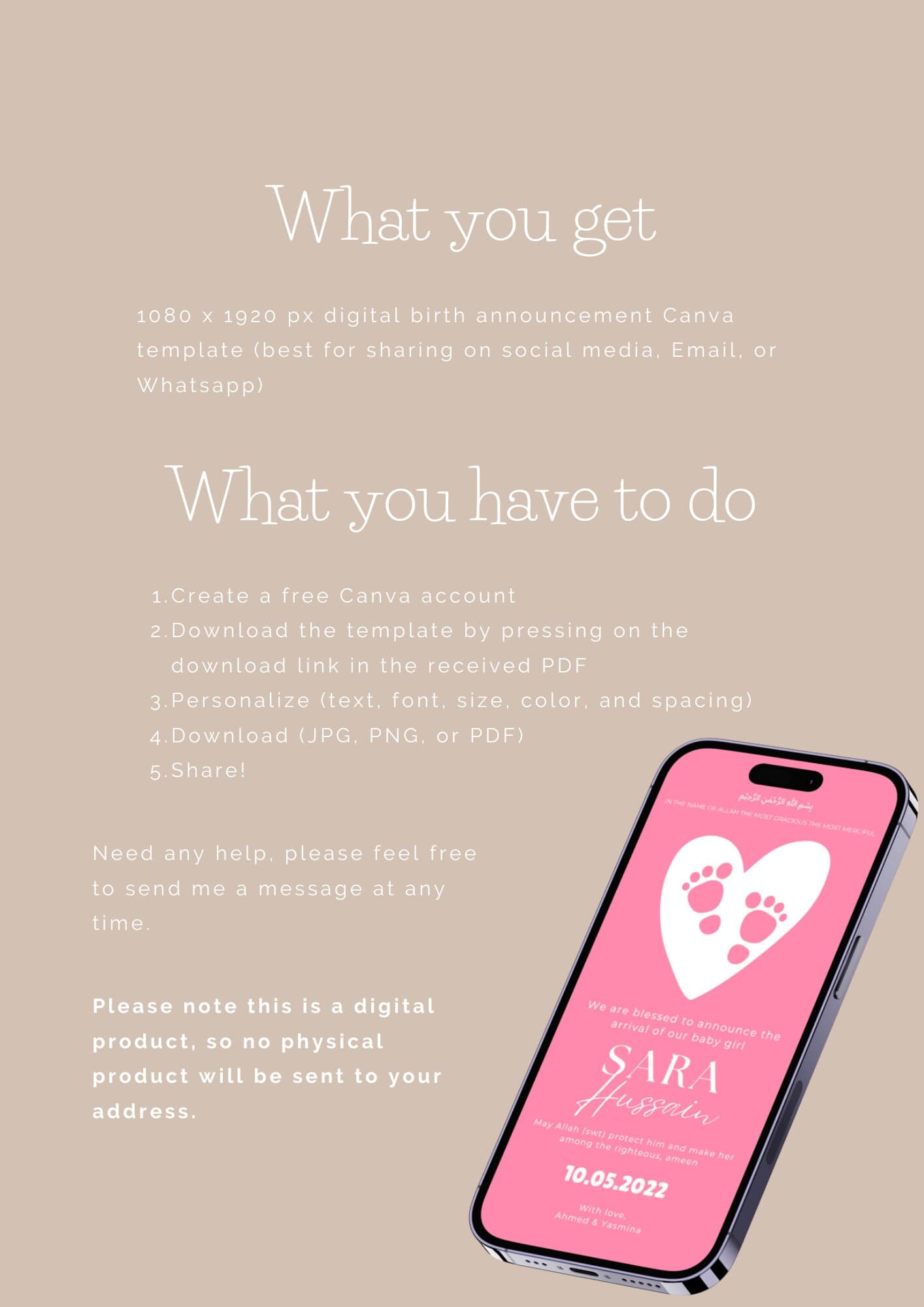 Muslim Baby Girl Birth Announcement | Islamic Canva Template (Digital Download) - image 4