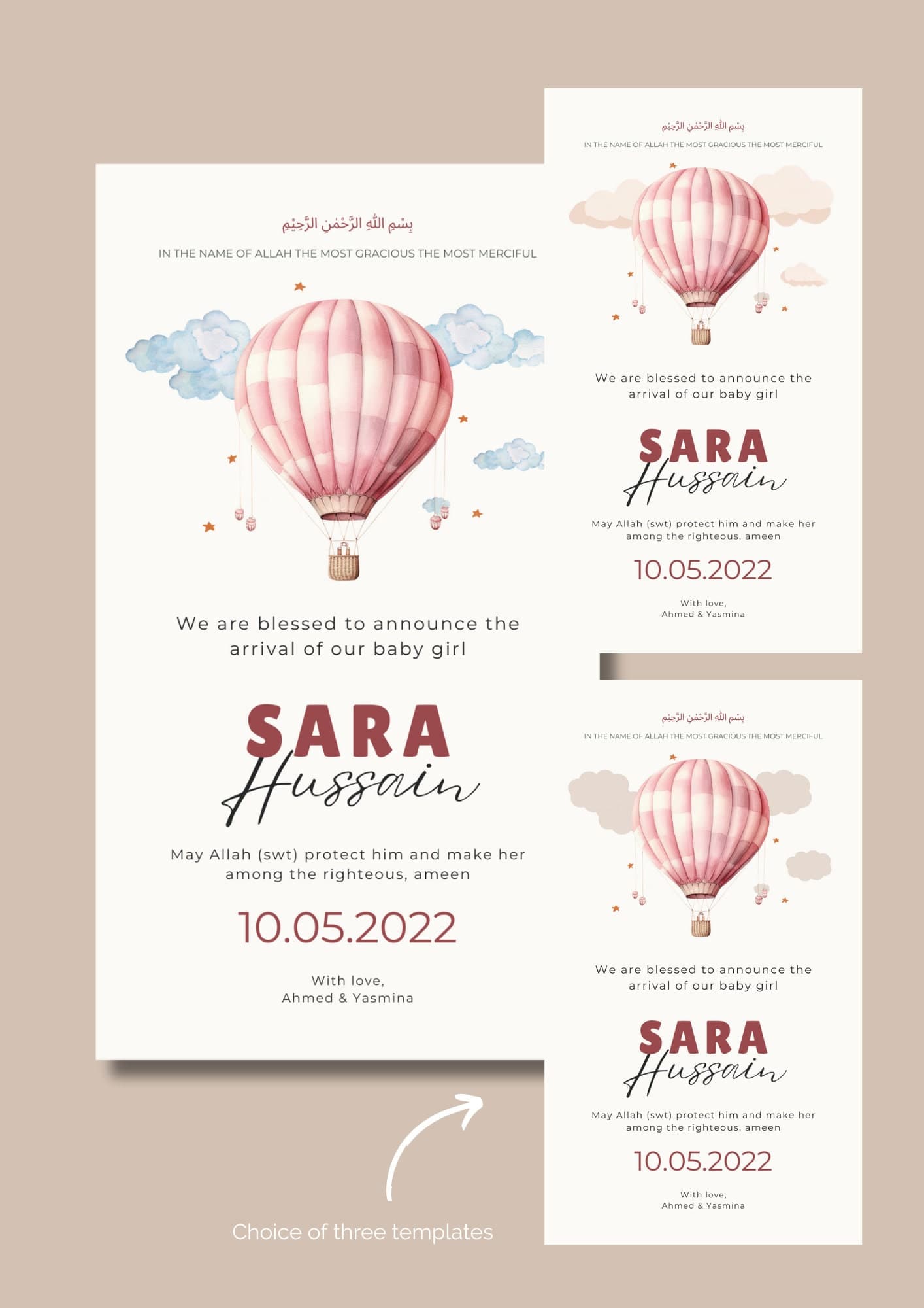 Islamic Baby Girl Birth Announcement | Pink Air Balloon (Editable Canva Template) - image 3