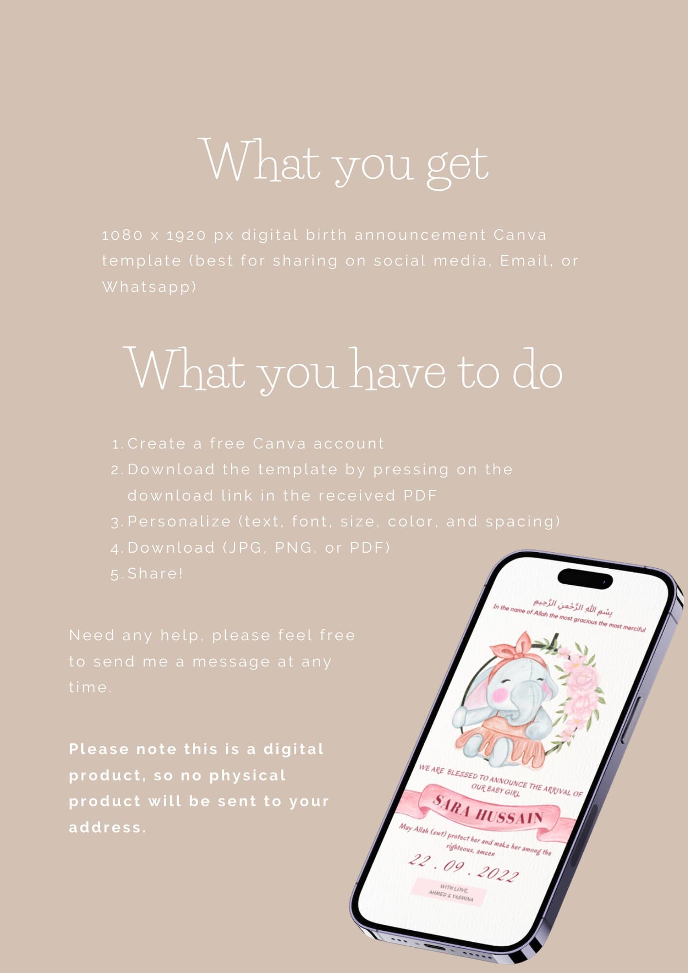 Pink Elephant Muslim Girl Birth Announcement | Editable Canva Template (Digital) - image 4