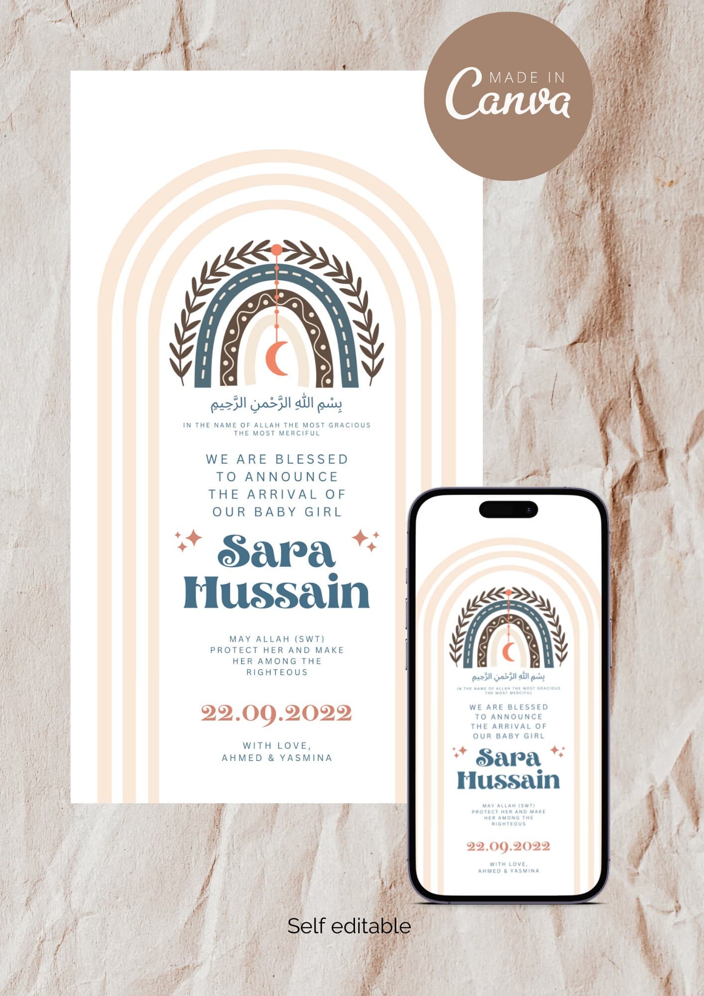 Boho Rainbow Muslim Baby Girl Birth Announcement | Editable Template (Digital Download)