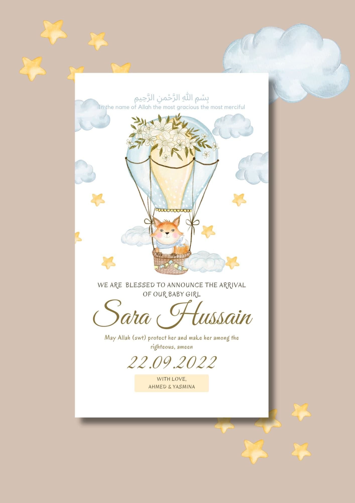 Muslim Baby Girl Birth Announcement | Fox Air Balloon (Editable Canva Template) - image 3