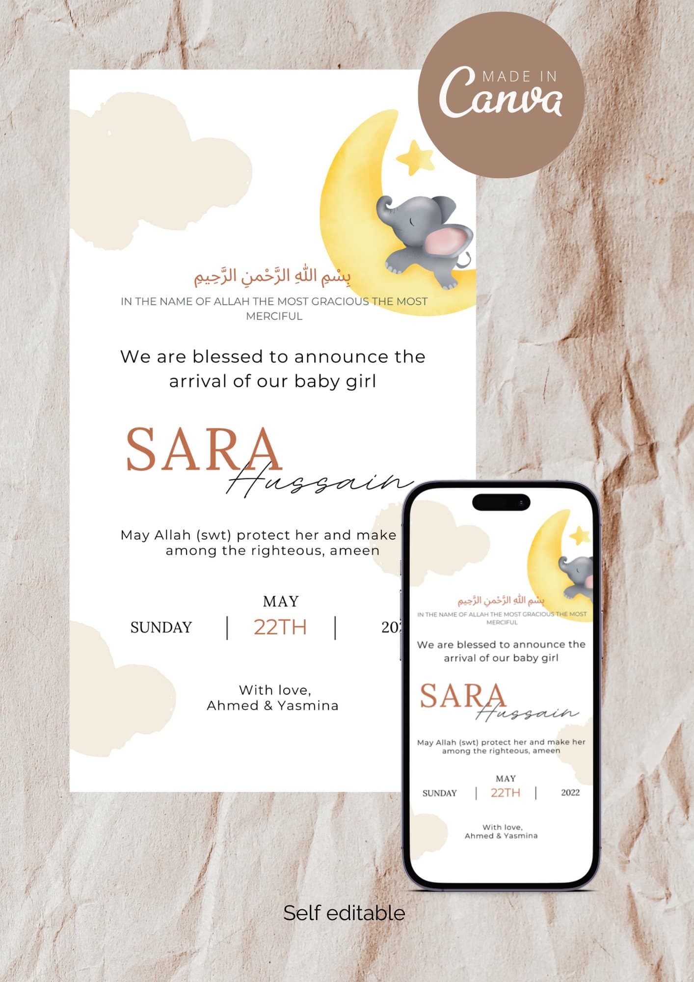 Muslim Baby Girl Birth Announcement | Elephant on Moon (Editable Canva Template)