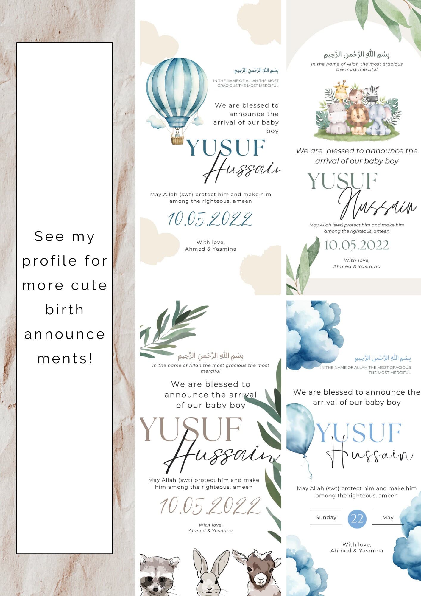 Safari Muslim Baby Boy Birth Announcement | Editable Canva Template - image 5