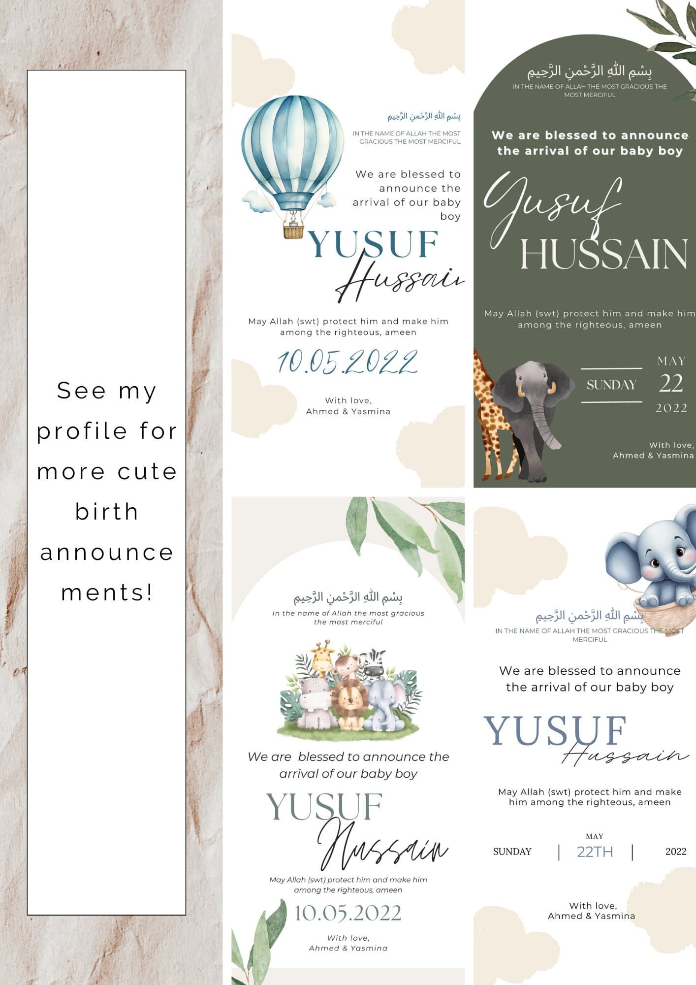 Muslim baby boy birth announcement | Blue clouds themed birth announcement | Islamic birth announcement | Editable Canva template - image 5