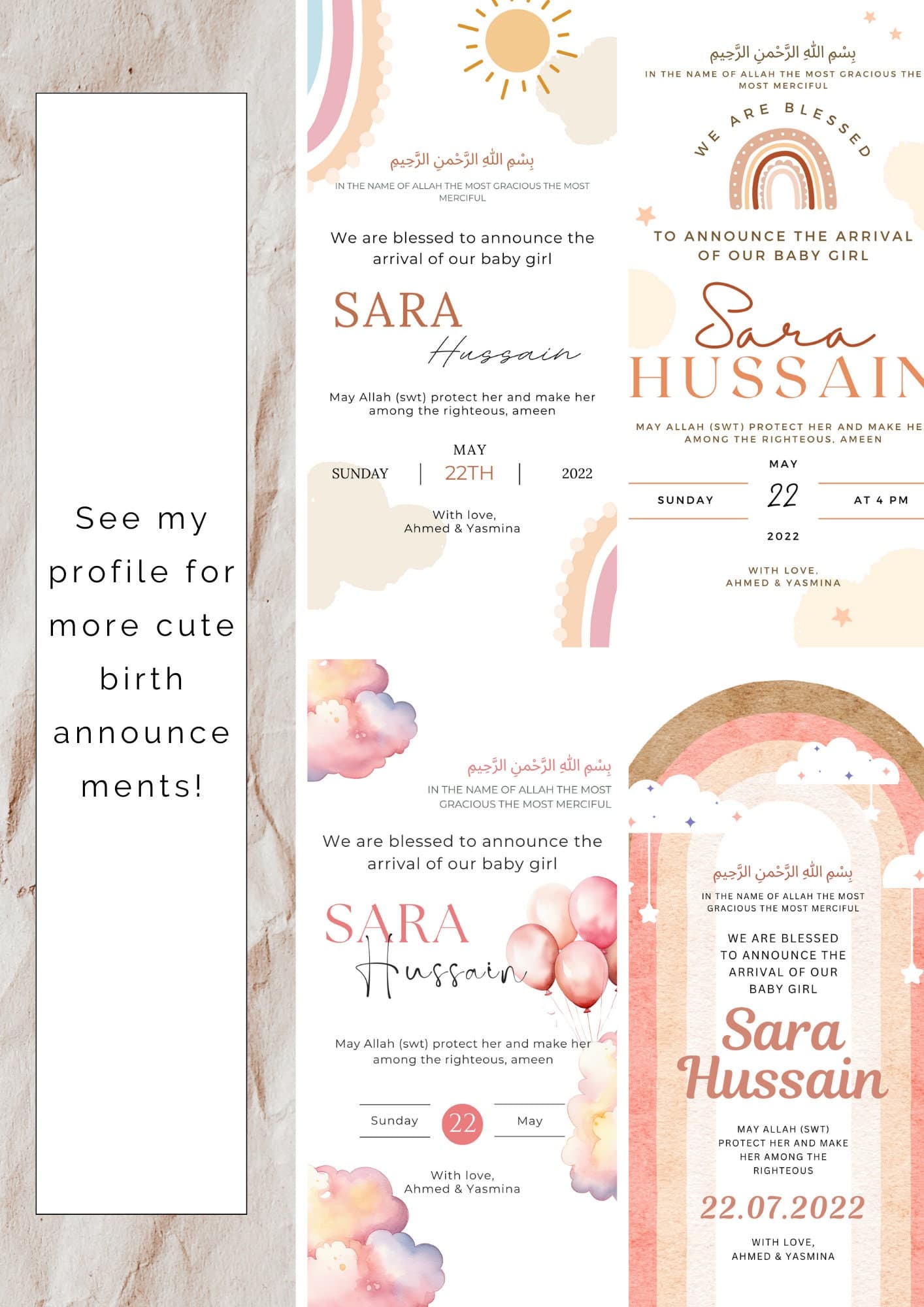 Pink Air Balloon Muslim Baby Girl Birth Announcement | Editable Canva Template (Digital Download) - image 5
