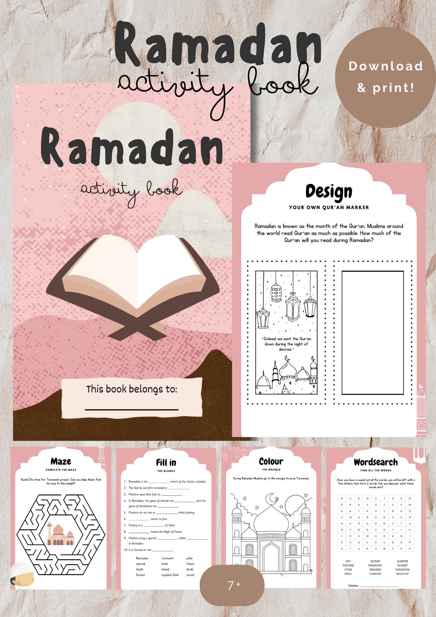 Ramadan activity book for kids 7+, Printable Ramadan pink activitybook