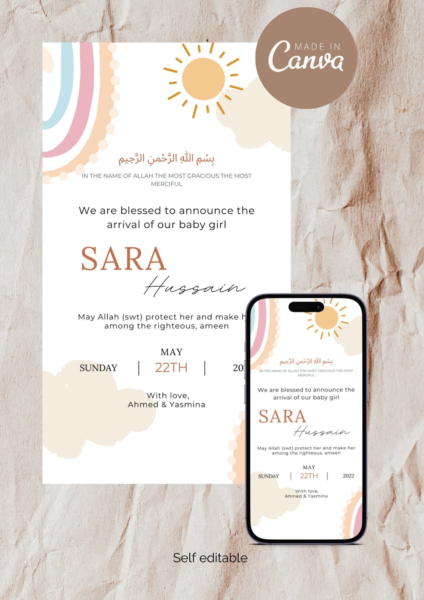 Rainbow Sun Muslim Baby Girl Birth Announcement | Editable Canva Template (Digital)