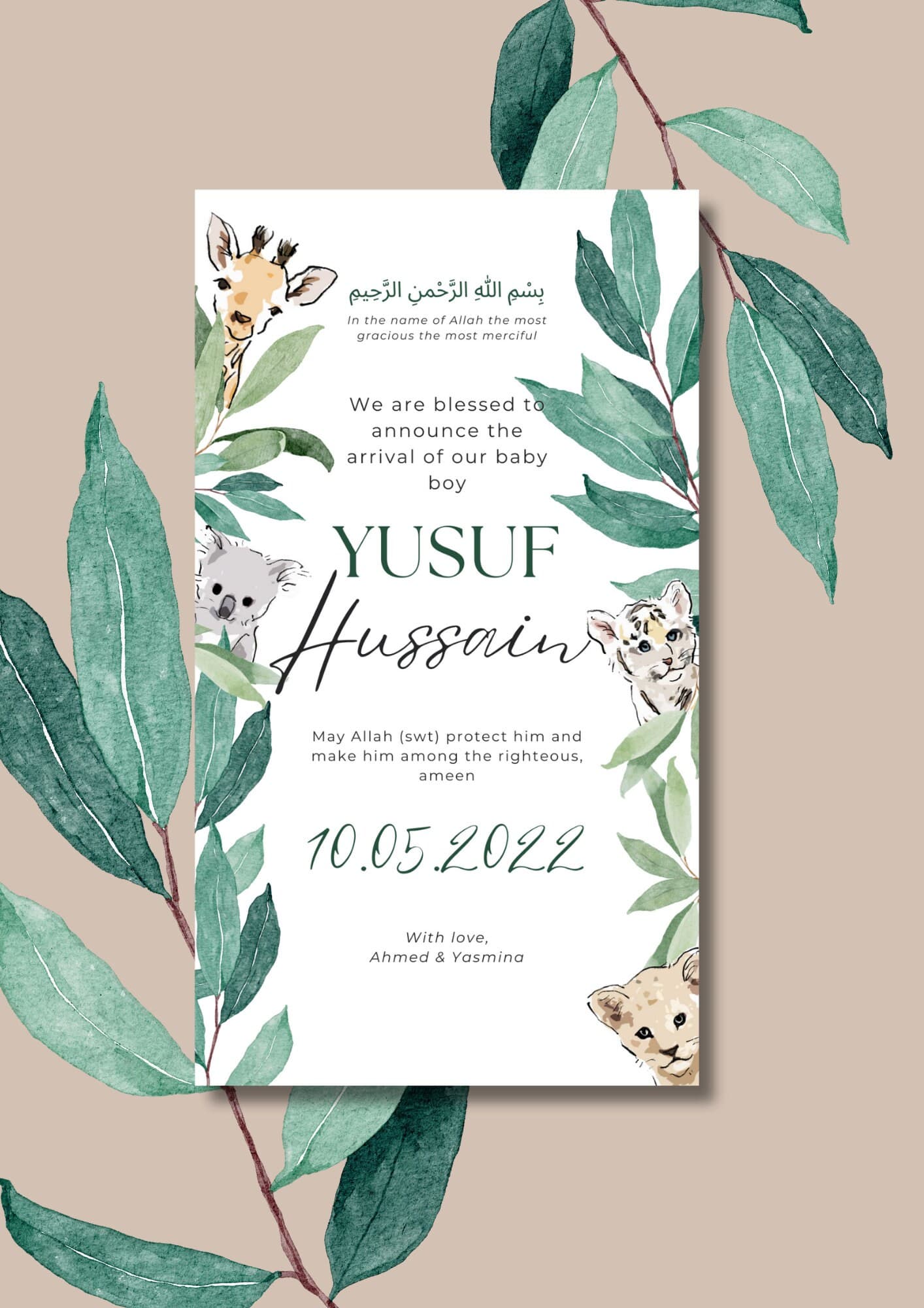 Safari Animals Muslim Baby Boy Birth Announcement (Editable Canva Template) - image 3