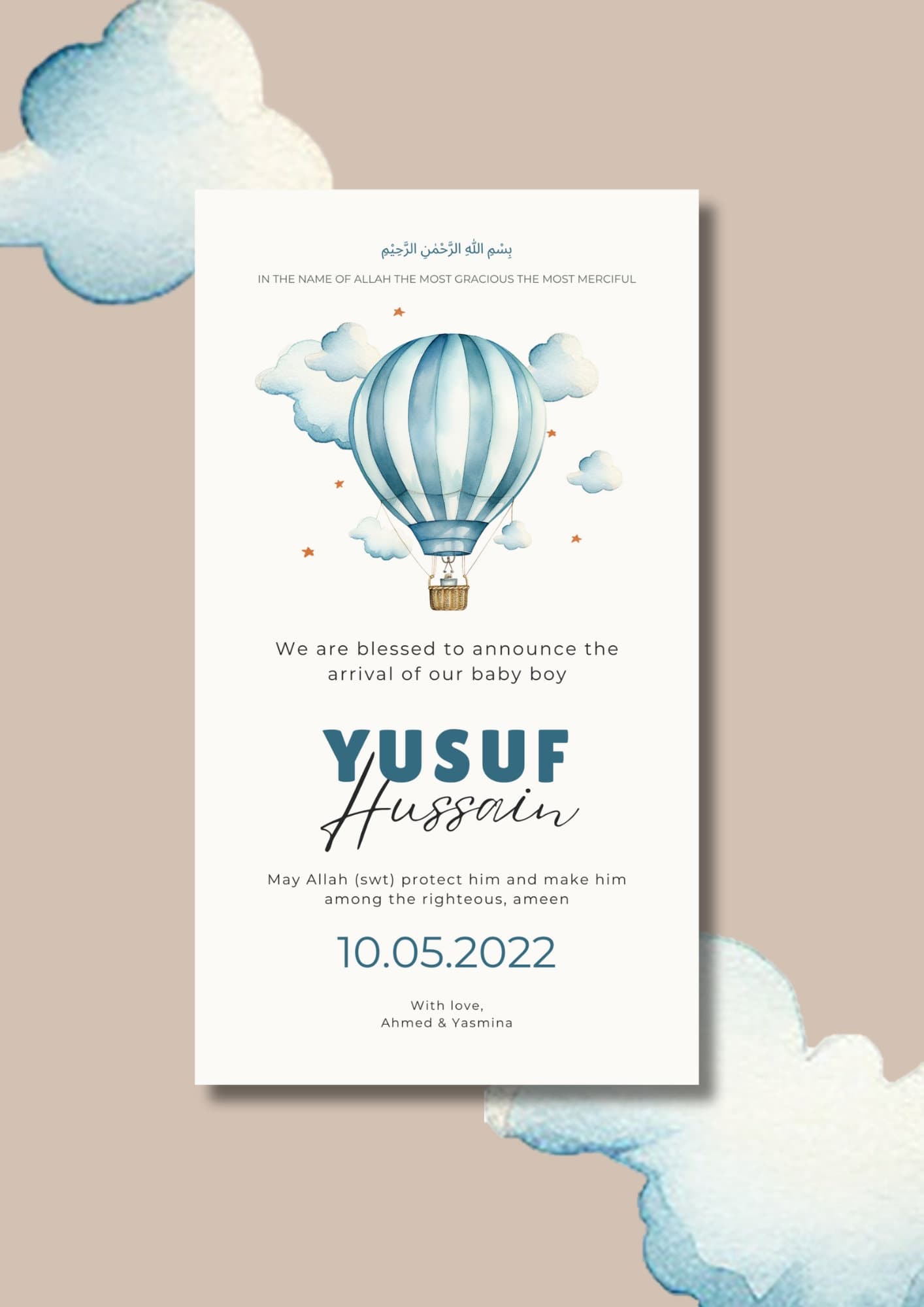 Blue Air Balloon Baby Boy Birth Announcement | Islamic Canva Template (Digital) - image 3