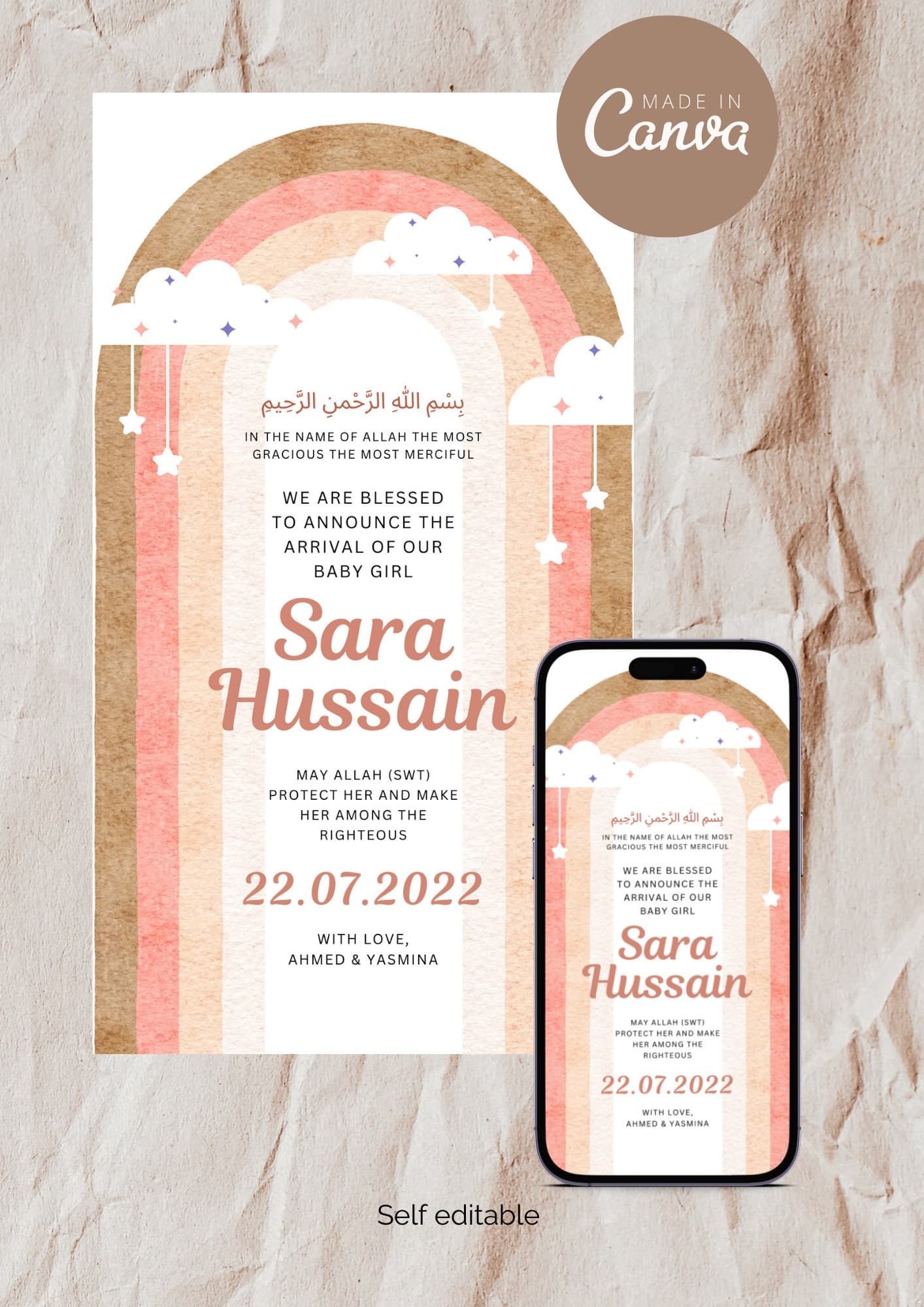 Muslim Baby Girl Birth Announcement | Pink Rainbow, Clouds (Editable Canva Template)