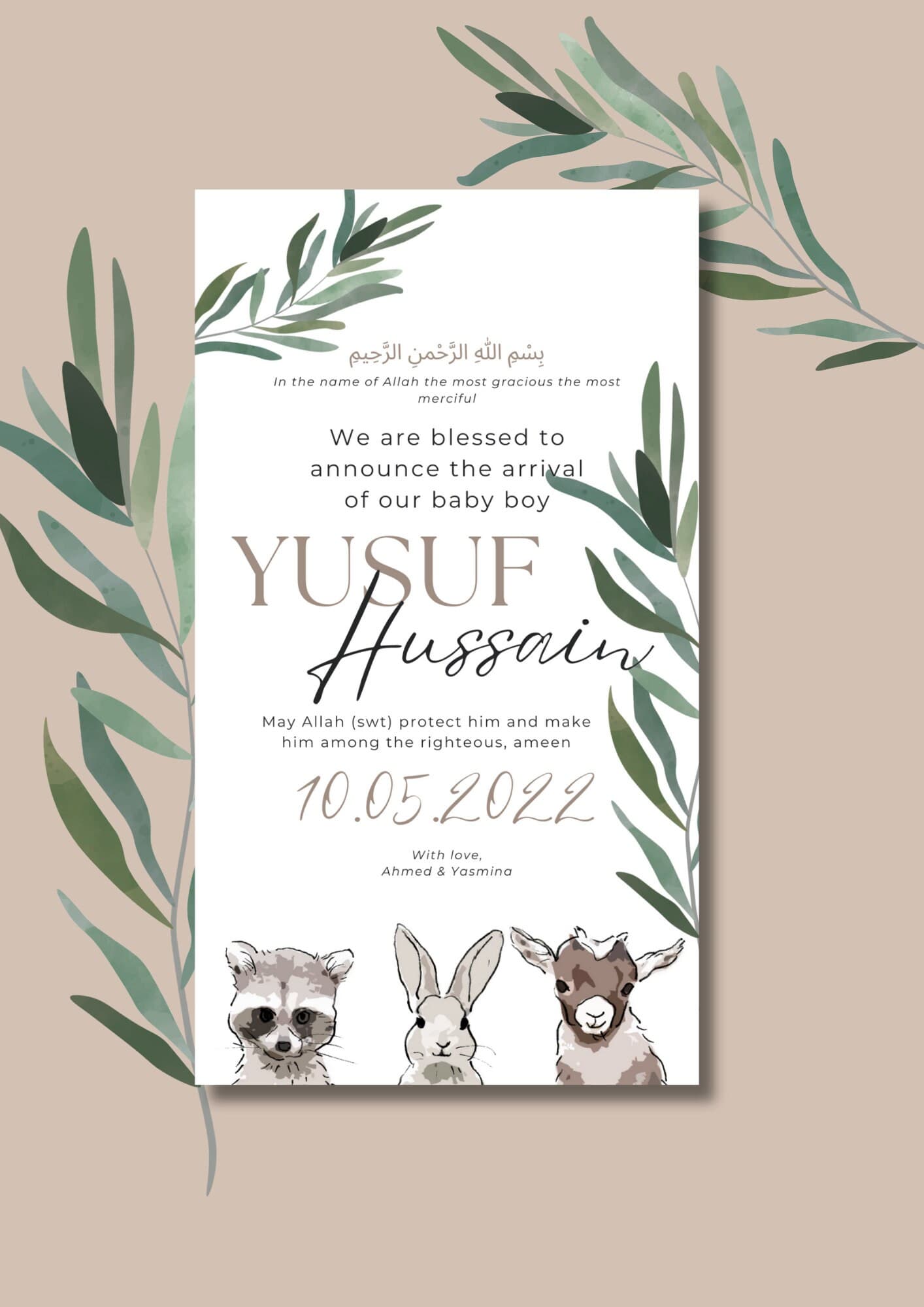 Animal Muslim Baby Boy Birth Announcement | Editable Canva Template - image 3