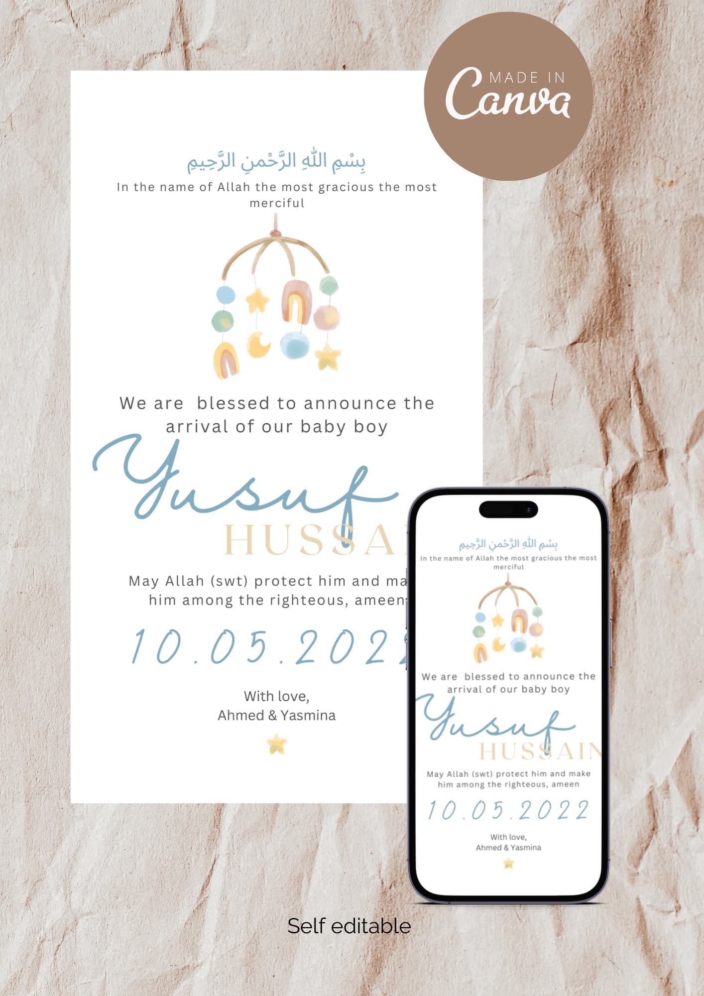 Islamic Baby Boy Birth Announcement | Blue Mobile | Editable Canva Template (Digital)