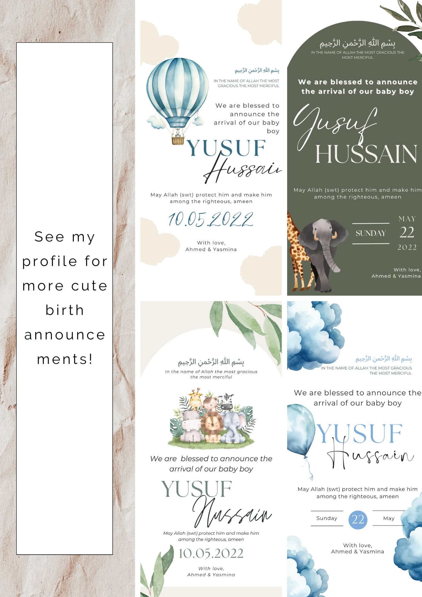 Elephant Muslim Baby Boy Birth Announcement | Editable Canva Template (Digital) - image 5