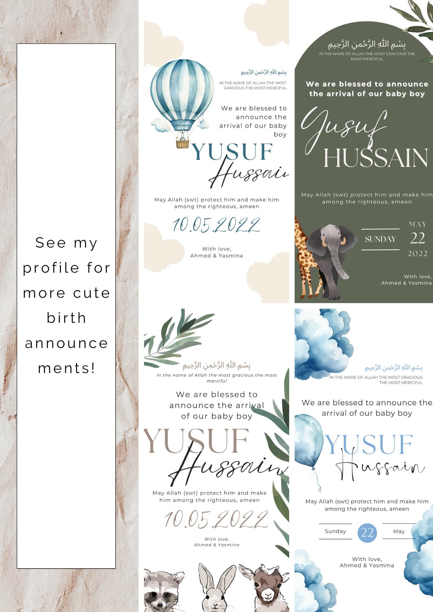 Safari Animals Muslim Baby Boy Birth Announcement | Editable Canva Template (Digital) - image 5