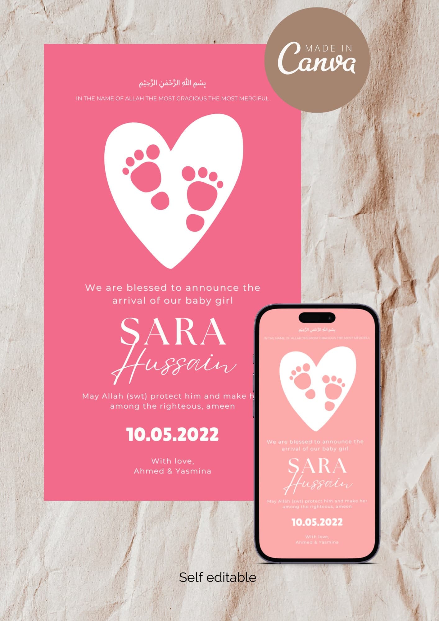 Muslim Baby Girl Birth Announcement | Islamic Canva Template (Digital Download)