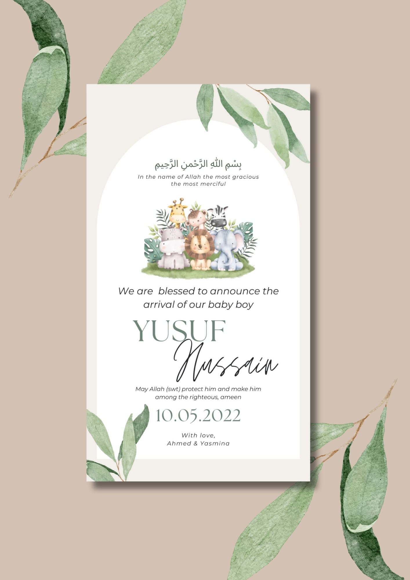 Safari Animals Muslim Baby Boy Birth Announcement | Editable Canva Template (Digital) - image 3