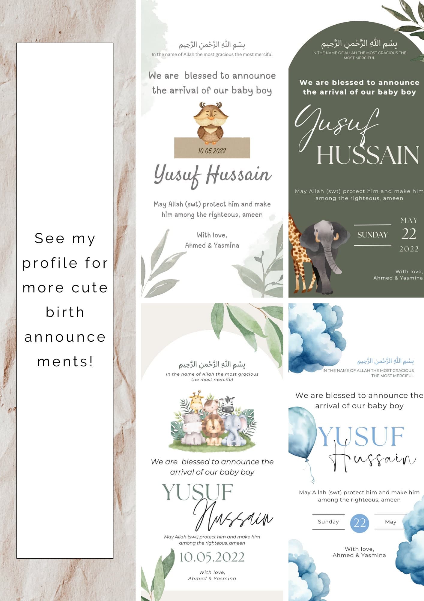 Blue Air Balloon Muslim Baby Boy Birth Announcement (Editable Canva Template) - image 5