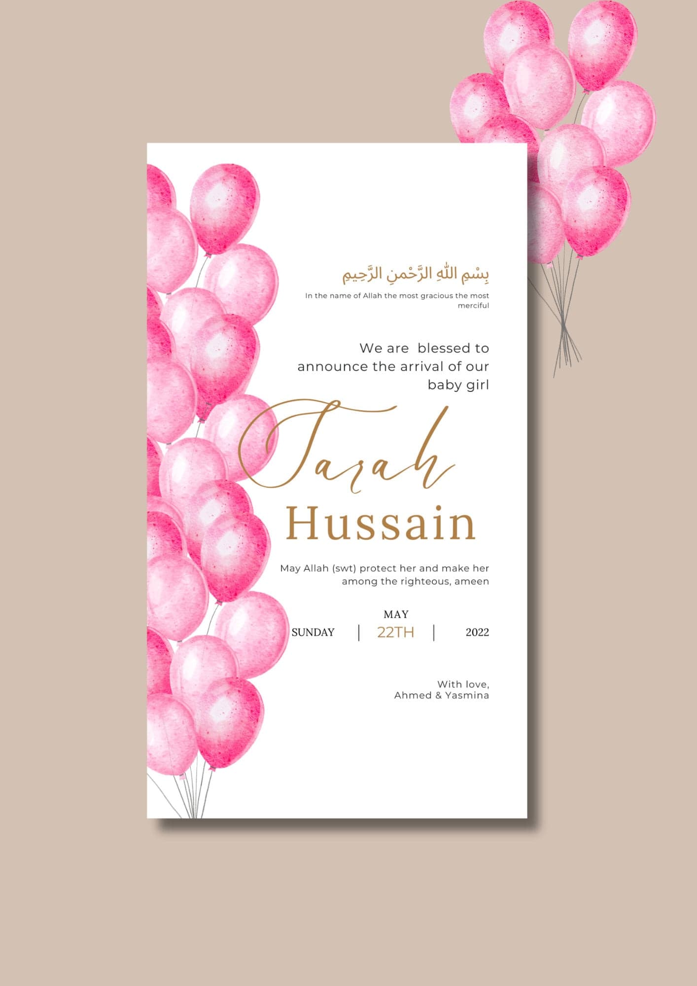 Islamic Baby Girl Birth Announcement | Pink Balloons (Editable Canva Template) - image 3