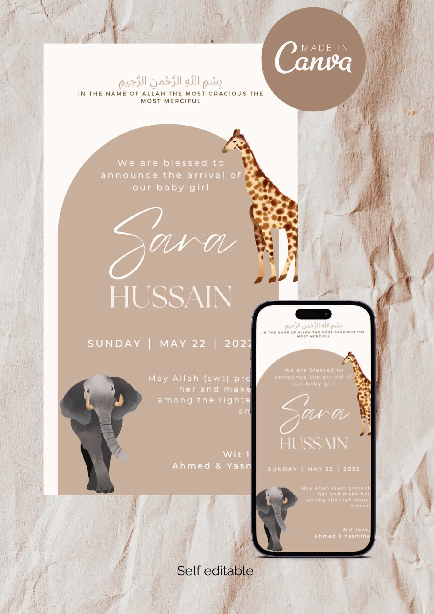 Safari Muslim Baby Girl Birth Announcement | Editable Canva Template (Digital)